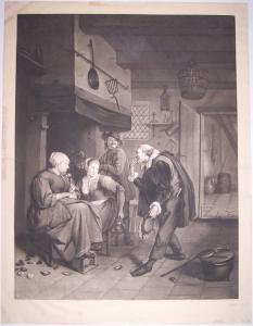Interno domestico con un uomo che saluta due donne sedute vicino al focolare