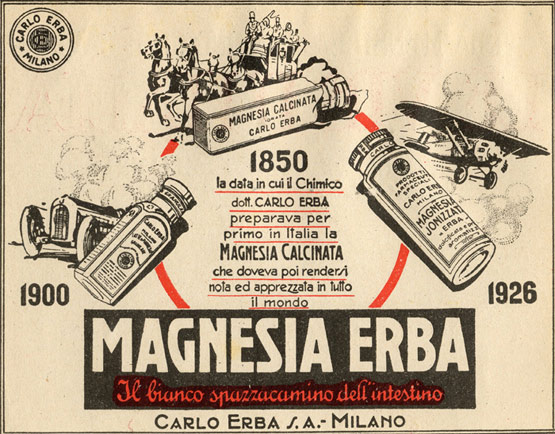 Magnesia Erba Il bianco spazzacamino dell’intestino, inserzione. 1926, Archivio storico Carlo Erba