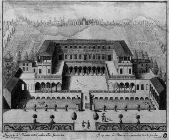 MarcAntonio Dal Re, Veduta del Palazzo della Simonetta, incisione da Ville di delizia o siano palagi camparecci nello Stato di Milano, Milano 1726.
